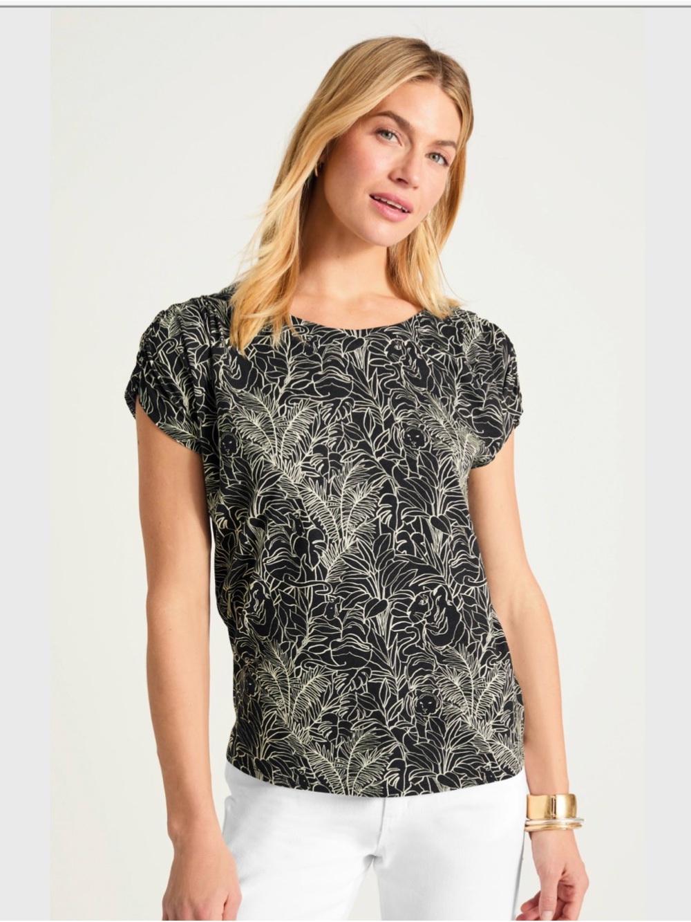 J.Jill Shirred Sleeve Top Black Illustrated Jungle Petite M